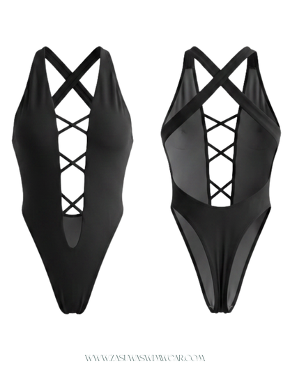 Cross Back Lace-up One Piece
