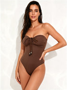 Brown Ribbed Bandeau Drawstring Strapless One-Piece