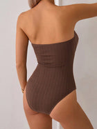 Brown Ribbed Bandeau Drawstring Strapless One-Piece