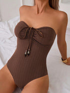 Brown Ribbed Bandeau Drawstring Strapless One-Piece