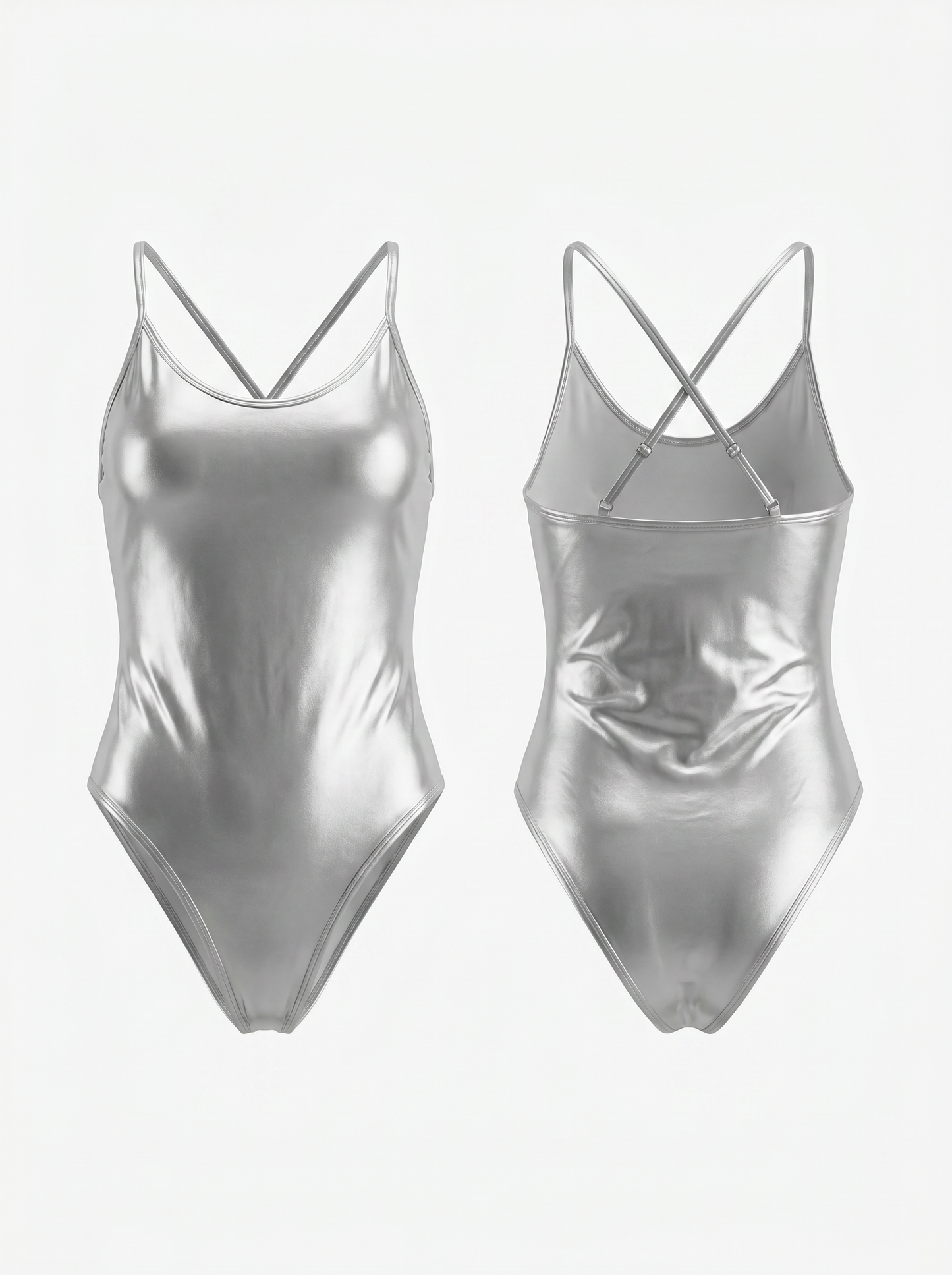 Metallic Silver Shiny Cross-Back Thin Strap One-Piece
