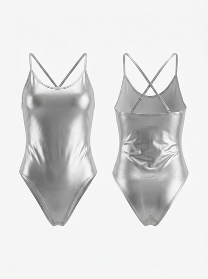 Metallic Silver Shiny Cross-Back Thin Strap One-Piece