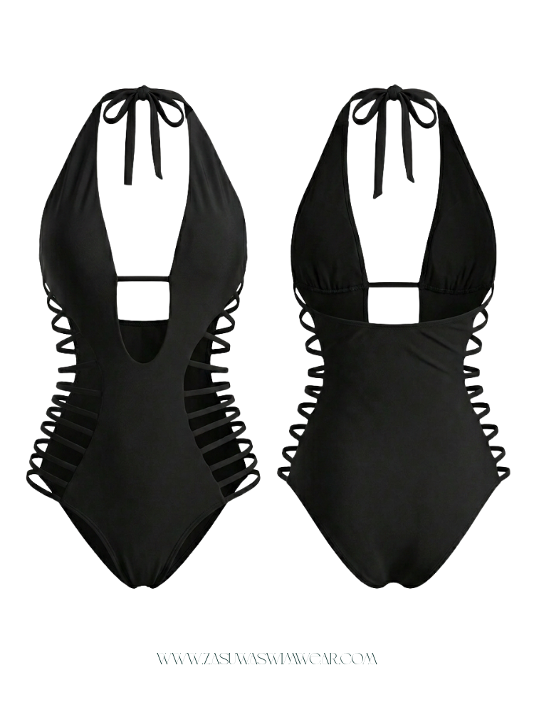 Black Deep V Halter Side Strappy Cutout One-Piece