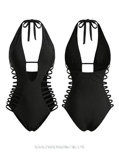 Black Deep V Halter Side Strappy Cutout One-Piece
