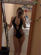 Black Deep V Halter Side Strappy Cutout One-Piece