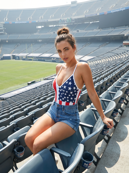 American Flag Print Halter Deep V One-Piece