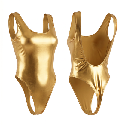 Metallic Gold Shiny U-Neck One-Piece