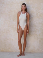 Cream White High Neck Crisscross Backless One-Piece