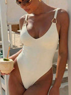 Cream White Deep V One-Piece Swimsuit with Gold Ring Straps