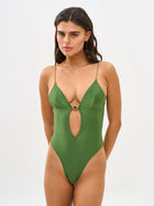 Olive Green Shiny Backless Tie-Top One-Piece