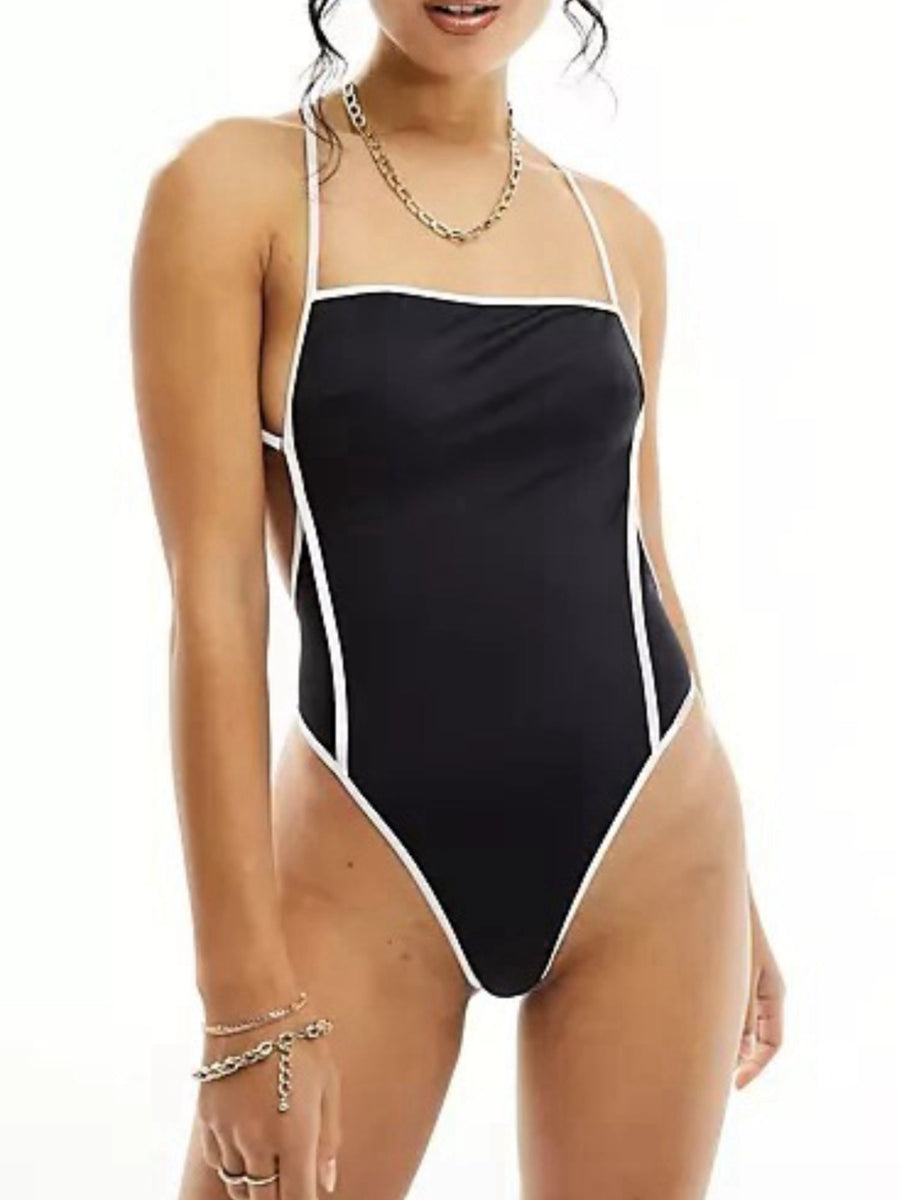 lack & White Contrast Cross-Back High-Cut One-Piece