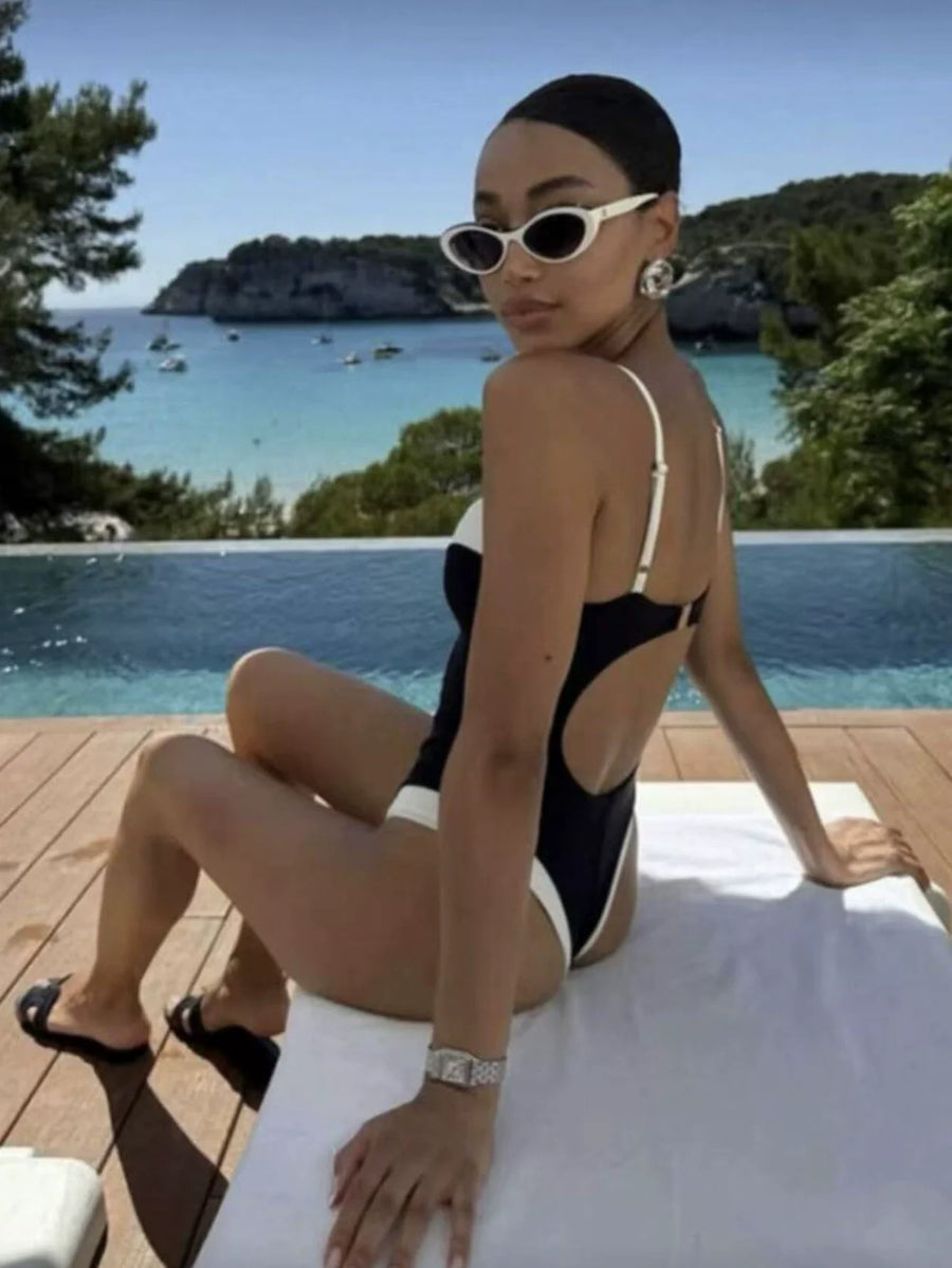 Brown & White Colorblock Square Neck One-Piece