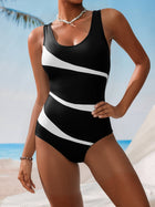 Black & White Diagonal Colorblock U-Neck One-Piece