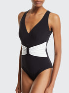 Black & White Colorblock V-Neck Waist Cincher One-Piece