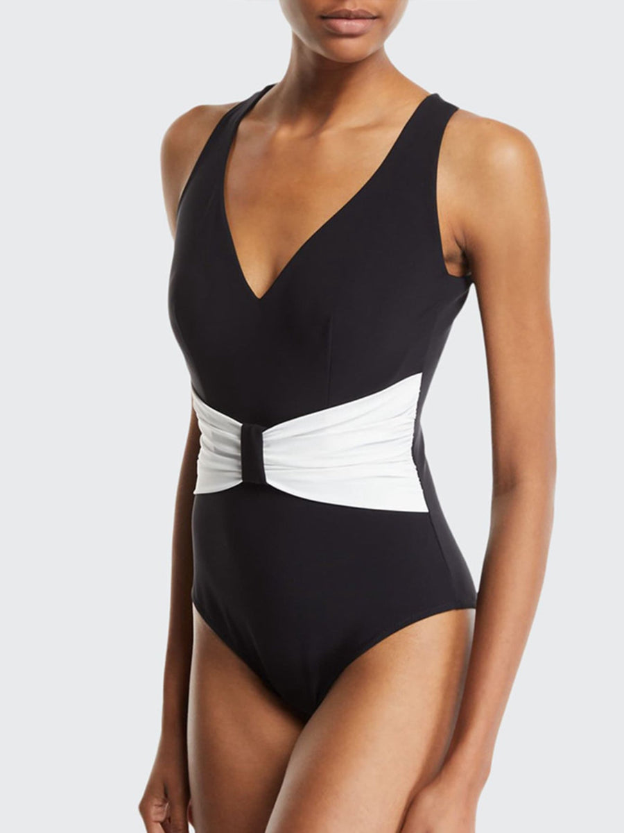 Black & White Colorblock V-Neck Waist Cincher One-Piece