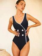 French Style Navy & White Contrast Trim Double-Breasted One-Piece