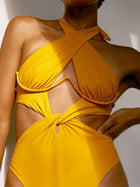 Bright Yellow Cross Halter Cutout Knotted One-Piece