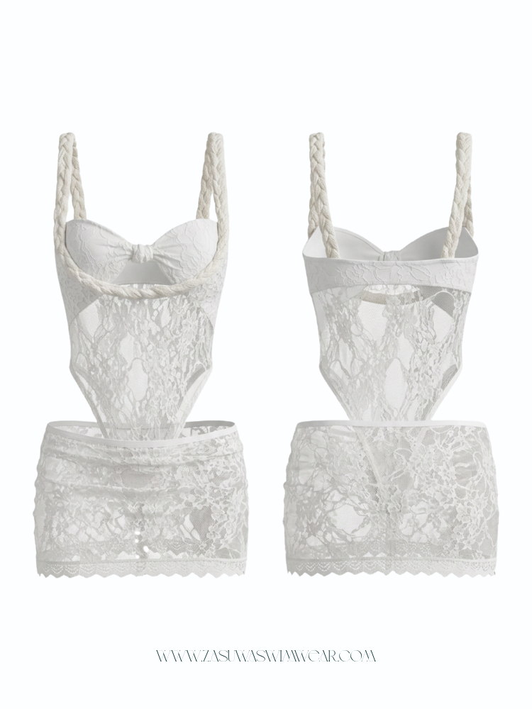 White Lace Halter Cutout Bodysuit & Sheer Mini Skirt Set