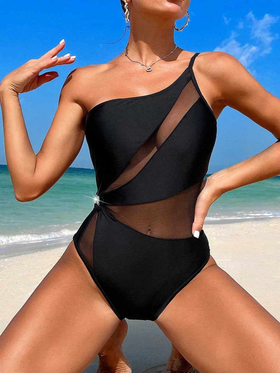 Black One-Shoulder Sheer Mesh Cutout Knotted One-Piece