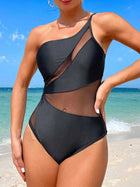 Black One-Shoulder Sheer Mesh Cutout Knotted One-Piece