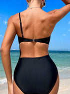 Black One-Shoulder Sheer Mesh Cutout Knotted One-Piece