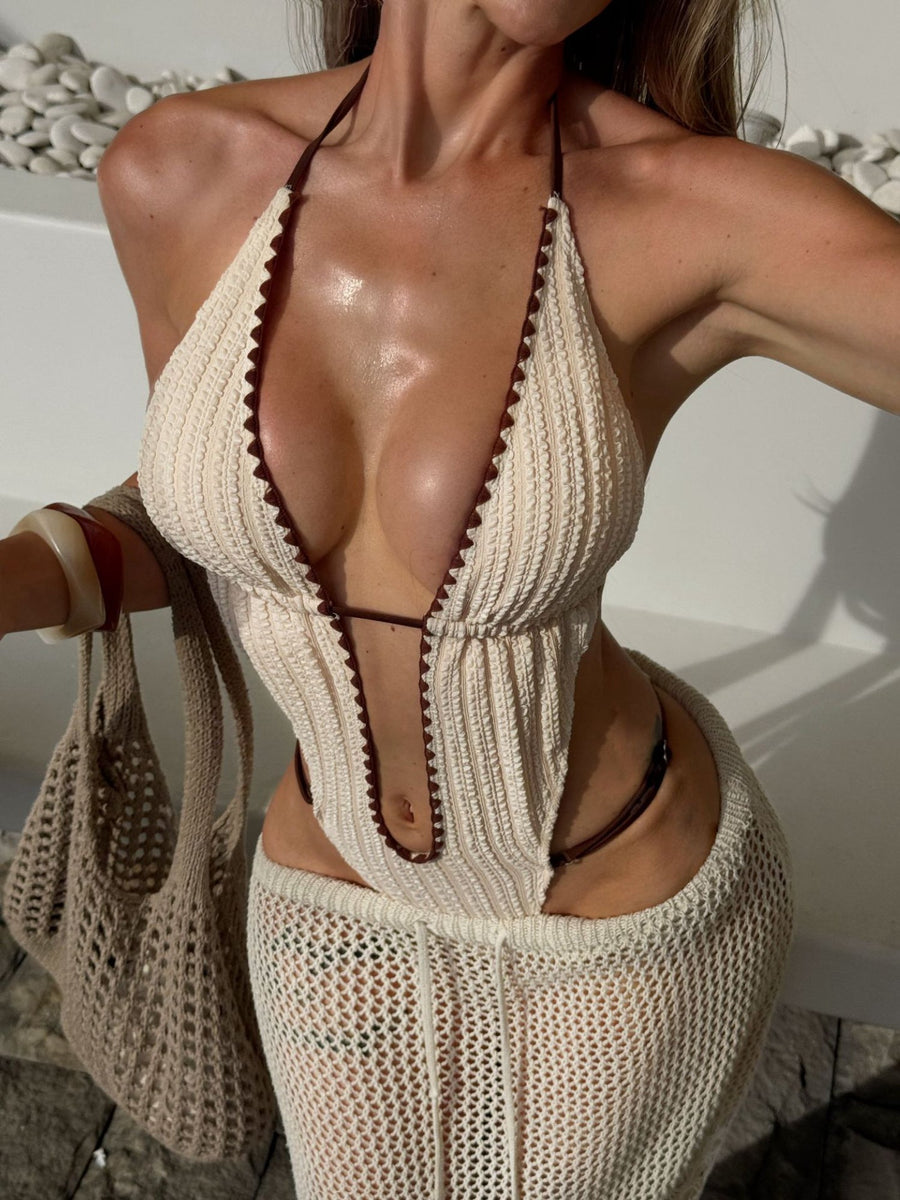 Cream Crochet Deep V-Neck One-Piece