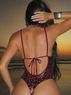 Burgundy Metallic Leopard Print Thin Strap Deep V One-Piece