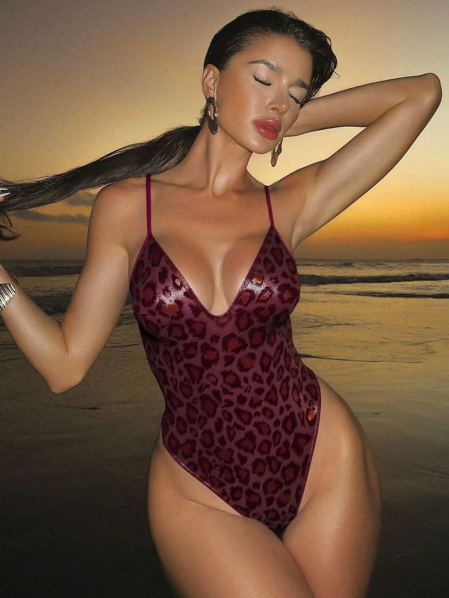 Burgundy Metallic Leopard Print Thin Strap Deep V One-Piece