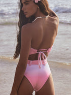 Pink-White Ombre Strapless One-Piece Swimsuit with Flower Accent