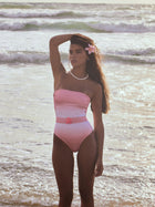 Pink-White Ombre Strapless One-Piece Swimsuit with Flower Accent