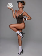 Brown & White Color-Blocked Front-Zipper One-Piece