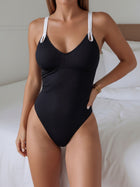 Black & White Contrast Ribbed V-Neck One-Piece
