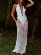 Luxury White Rhinestone Swimsuit with Lace Sheer Cover-Up Dress