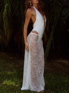 Luxury White Rhinestone Swimsuit with Lace Sheer Cover-Up Dress