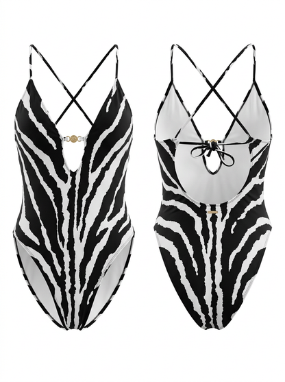 Retro Zebra Print Slimming Halter One-Piece Bathing Suit