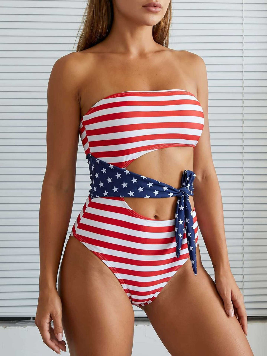 US Flag Star-Striped Spliced Strapless Tie One-Piece