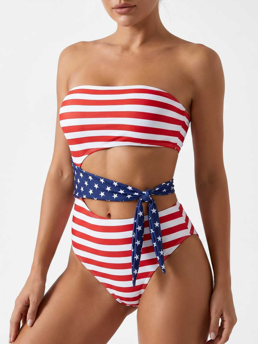 US Flag Star-Striped Spliced Strapless Tie One-Piece
