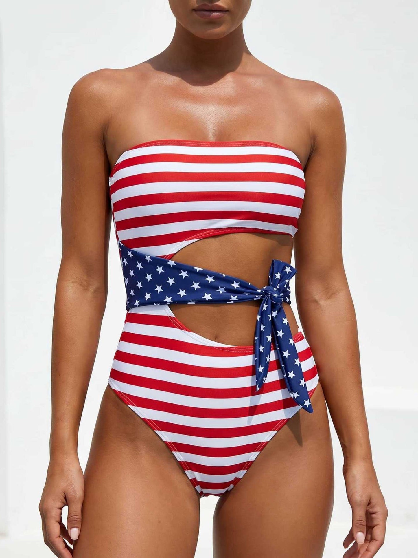 US Flag Star-Striped Spliced Strapless Tie One-Piece