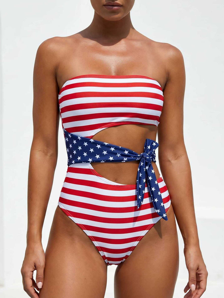 US Flag Star-Striped Spliced Strapless Tie One-Piece