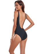 Black Mesh Panel Slimming Round Neck One-Piece
