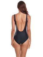 Black Mesh Panel Slimming Round Neck One-Piece