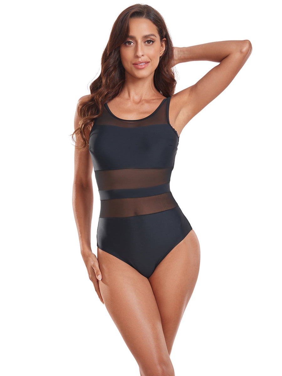 Black Mesh Panel Slimming Round Neck One-Piece