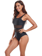 Black Mesh Panel Slimming Round Neck One-Piece