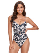Leopard Print Underwire One-Piece Swimsuit with Tortoise Shell Buckle Belt