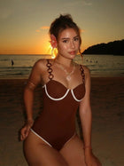 Coffee & White Contrast Color Underwire Resin Ring Strap One-Piece