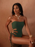 Dark Green Strapless One-Piece Swimsuit with Beaded Cutout & Tie Side