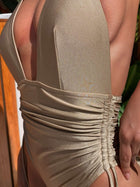 Champagne Gold Halter Open-Back Ruched One-Piece Swimsuit