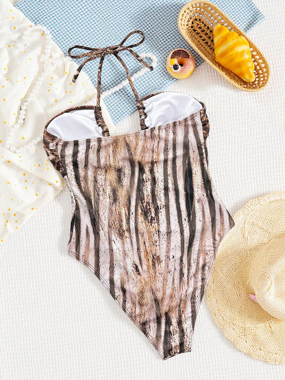 Snake Print Halter Cutout One-Piece Swimsuit with Metal Ring