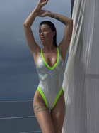 Holographic Silver Neon Green Trim V-Neck One-Piece