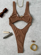 Brown One-Piece Swimsuit with Gold Ring Cutout Detail